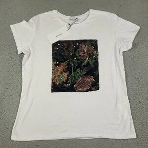 Zara Woman Basic Embroidered Velvet Pearl T Shirt White S NWT